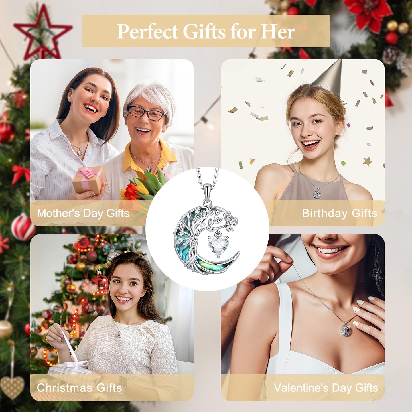 Distance Tree of Life Birthstone Necklace for Women, S925 Sterling Silver Premium Abalone Shell Moon Pendant April Heart Birthstone Necklace, White Jewelry Christmas Birthday Gifts for Her Mom Wife