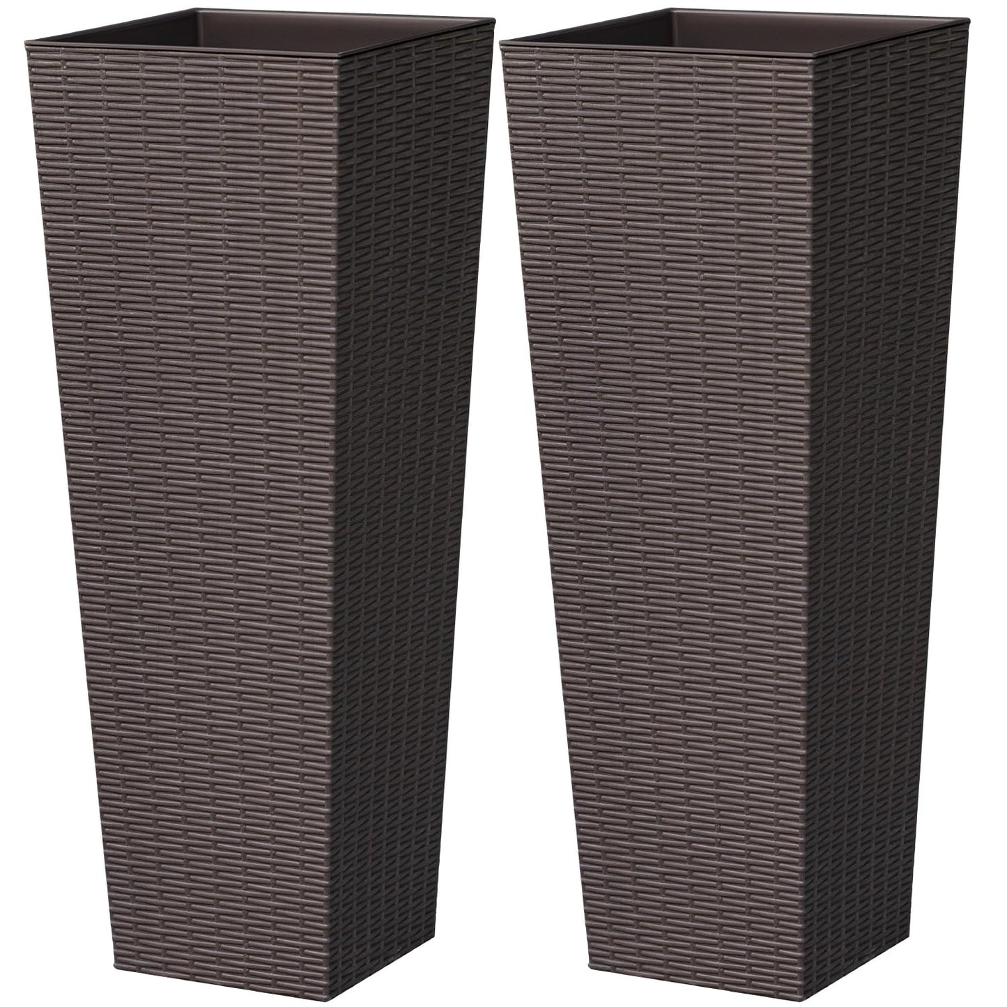 Acurax 32 Inch Tall Plastic Planters(Set of 2), Detachable Inner Pot & Drainage Holes, Outdoor Decorative Flower Pots for Large Plants, Trees, Patio, and Garden, Brown