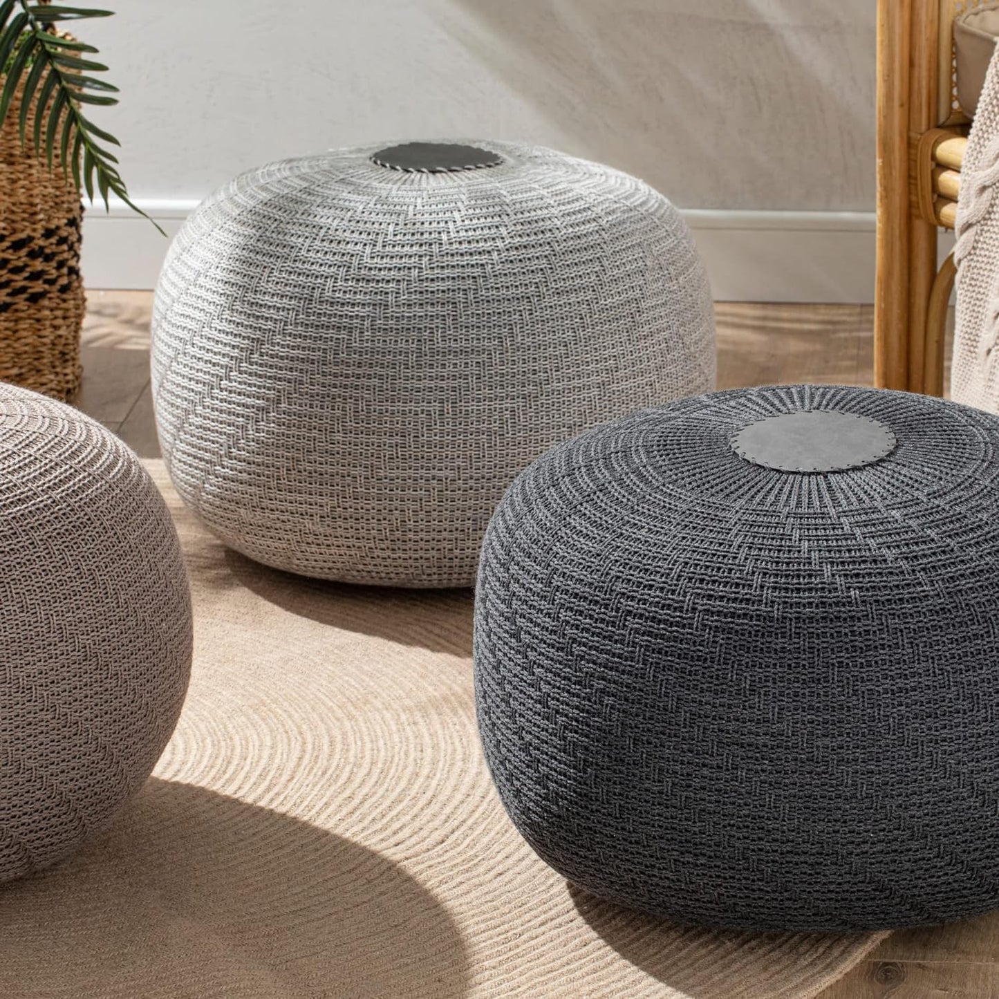 English Home Large Ottoman Foot Stool, Knitted Foot Rest, Round Pouf Chair, Modern Living Room Furniture Bean Bag, Room Decor, Bedroom Footstool, Boho Pouffe, Home Decor Poof, 20" W x 15" H, Brown