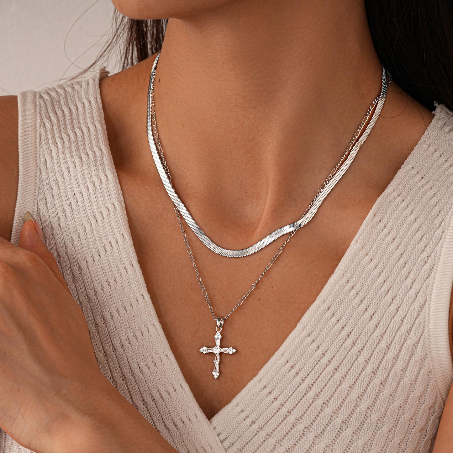 ANDKISS Layered Cross Necklace for Women - Dainty 14K Silver Plated Stacked Necklaces Trendy Snake Chian Cross Pendant Necklace Jewelry Gifts Christmas Women
