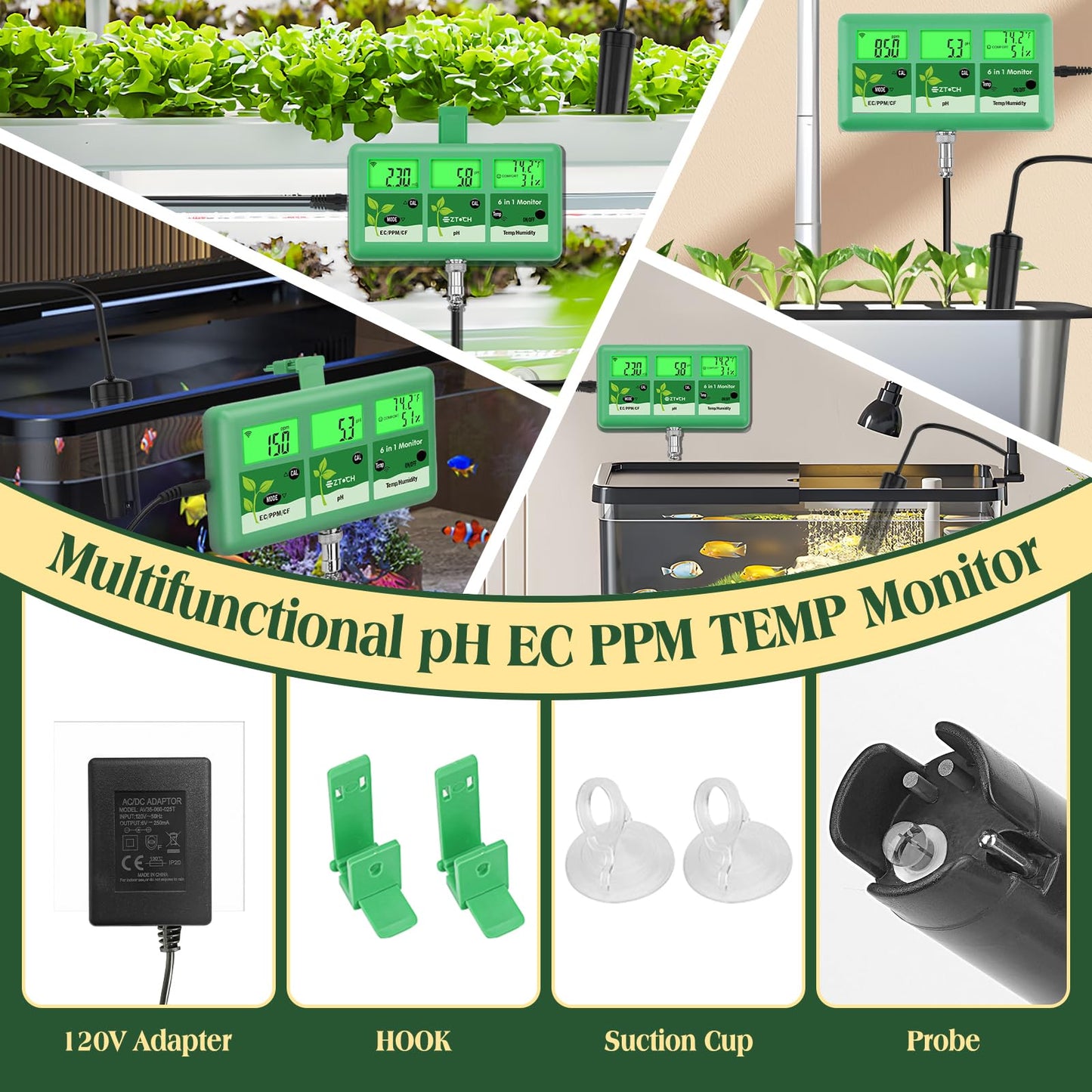 EZTOCH pH EC Continuous Monitor for Hydroponic, 6 in 1 WiFi EC PPM CF pH Meter, Digital pH TDS Temp Humidity Conductivity Monitor for DWC Hydroponic System, Aeroponic Gardening, Aquaponic