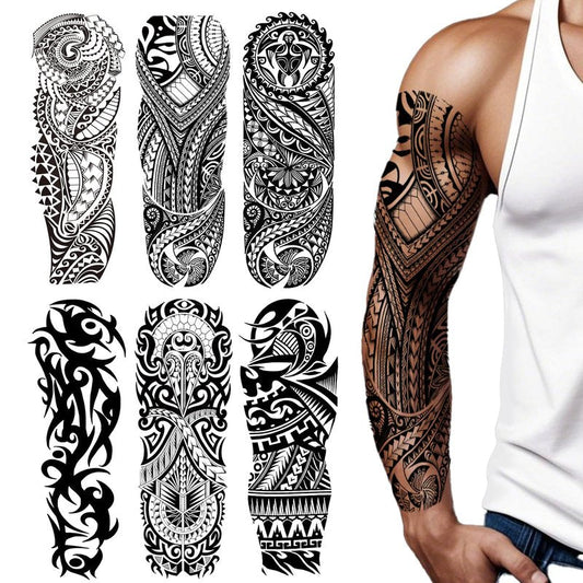 6 Sheets Full Arm Temporary Tattoos, Large Black Totem Tattoo Sleeves, Realistic Fake Tattoos for Men and Women, Waterproof and Long Lasting Tribal Tattoo Stickers for Cosplay, Parties, and Halloween