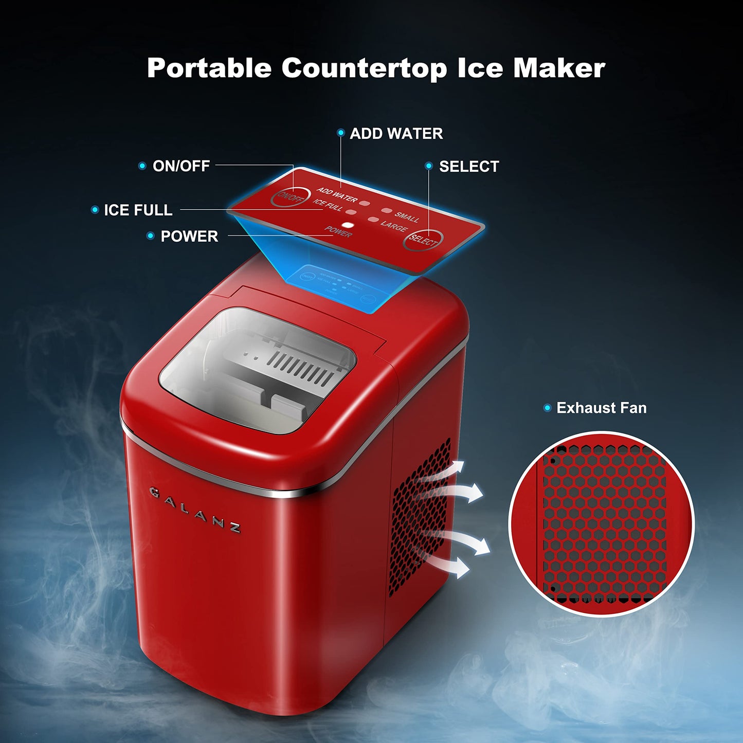 Galanz GLCI26SRA3A Portable Countertop Electric Ice Maker Machine 26 lbs in 24 Hours, 9 Bullet Shaped Cubes Ready in 9 Minutes, 2 Ice Sizes, Perfect for Parties & Home Bar, 2.1 L, Silver