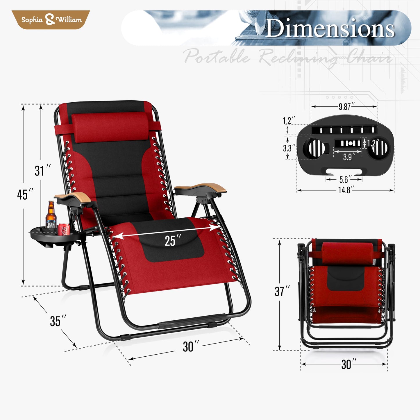 Sophia & William Oversized XXL Zero Gravity Chair Set of 2, Padded Adjustable Folding Reclining Lounge Chair Outdoor Gravity Chair with Wide Armrest and Cup Holder, Support 400 LBS, Red