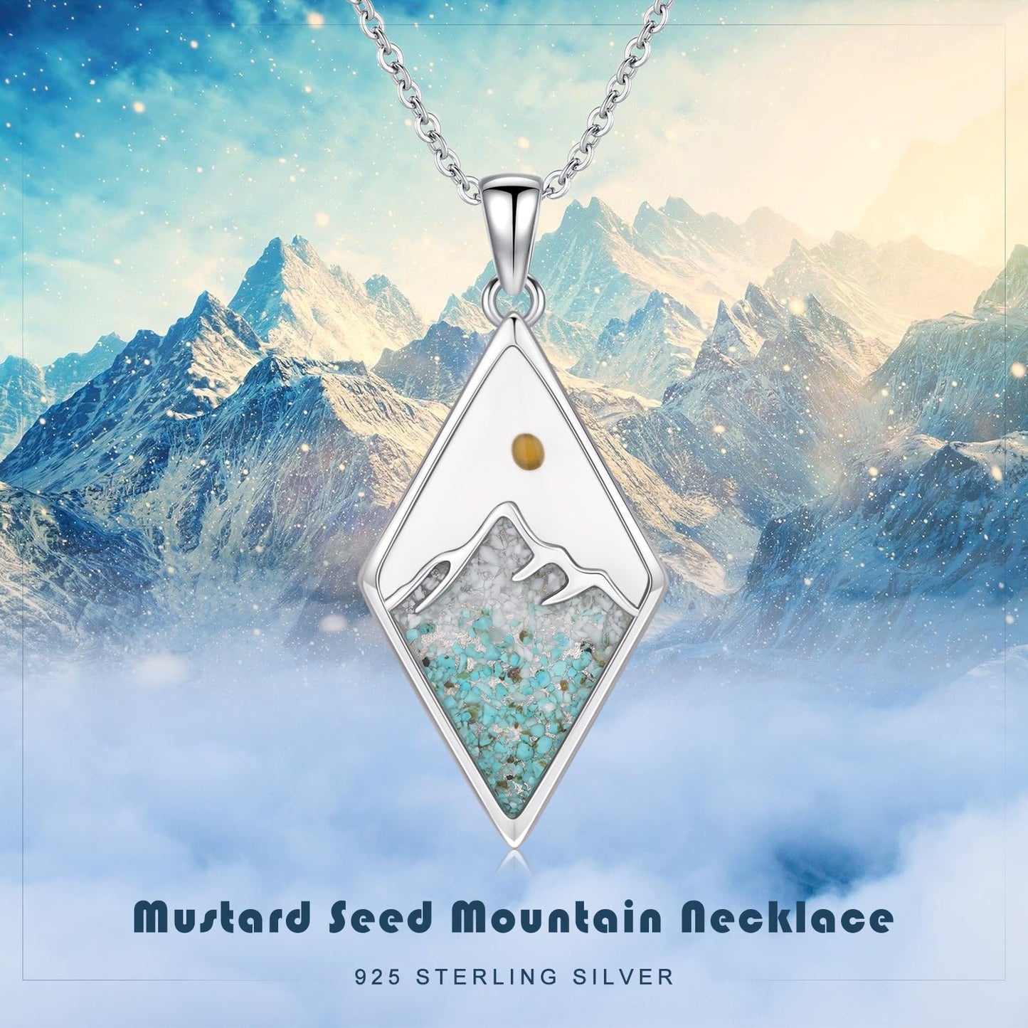 Suiknsn Mountain Necklace 925 Sterling Silver Mustard Seed Faith Necklace Turquoise Mountain Pendant Necklace Outdoor Hiking Jewelry Graduation Gifts for Women Daughter