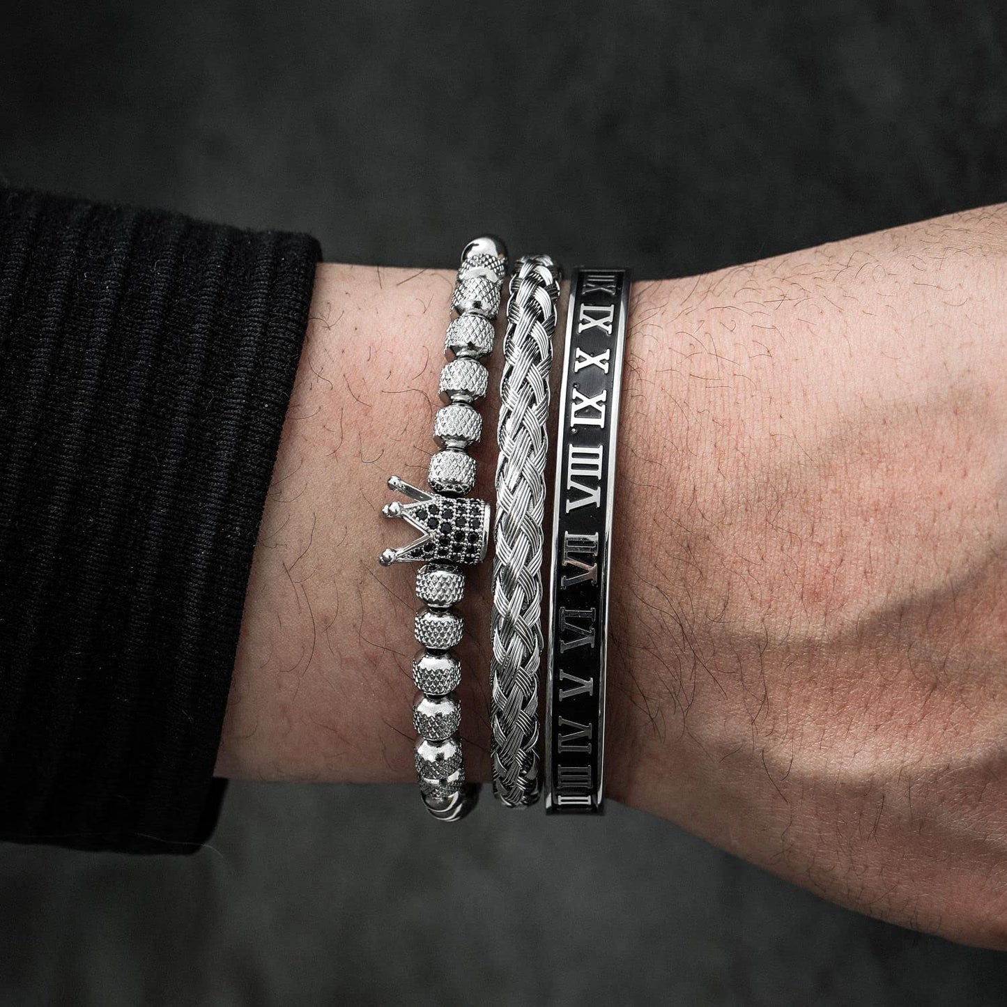 WFYOU 3PCS Stainless Steel Bracelets for Men Gold Roman Numeral Bangle Bracelet Twisted Cable Bracelet Adjustable Cuff Bracelet Mens Luxury Jewelry Bracelets Gifts(I:Silver)