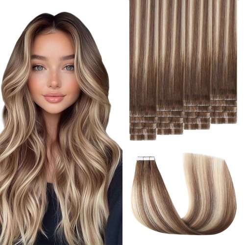 Sweetmet Injection Tape in Hair Extensions Real Human Hair 3rd-Generation #3/8/22 Walnut Brown to Ash Brown and Golden Blonde 20pcs 35g 16inch Invisible Tape ins Extensions(#3/8/22-16inch）