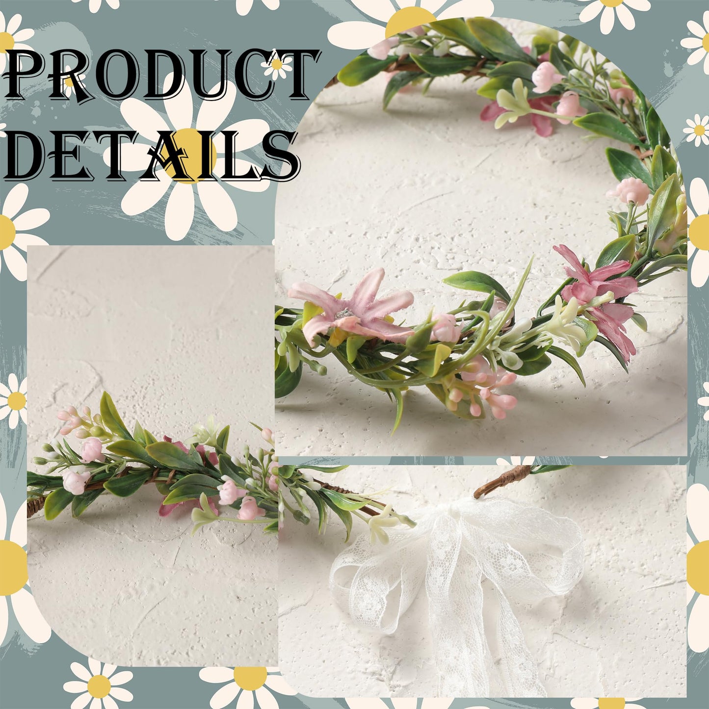 KorViSHOW Pink Flower Crown Headband, Artificial Daisy Flower Headpiece, Adjustable Fairy Floral Headband for Women Girls Renaissance Birthday Bride Wedding Festivals Party Photo Props