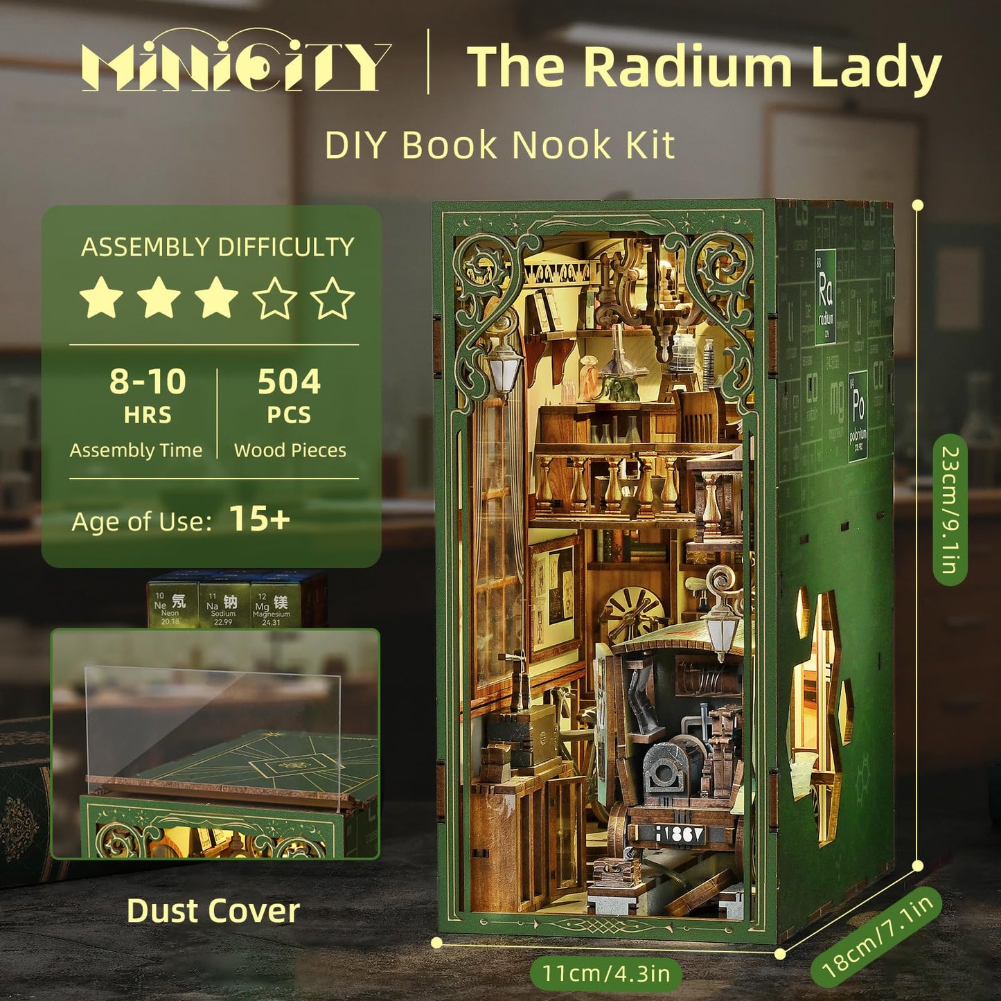 MiniCity Book Nook Kit, DIY Miniature Dollhouse Kit 3D Puzzles for Adults Tiny House Mini Home Craft Bookshelf Nook Puzzle Book Decor Gifts for Teenagers Book Lovers (The Radium Lady)