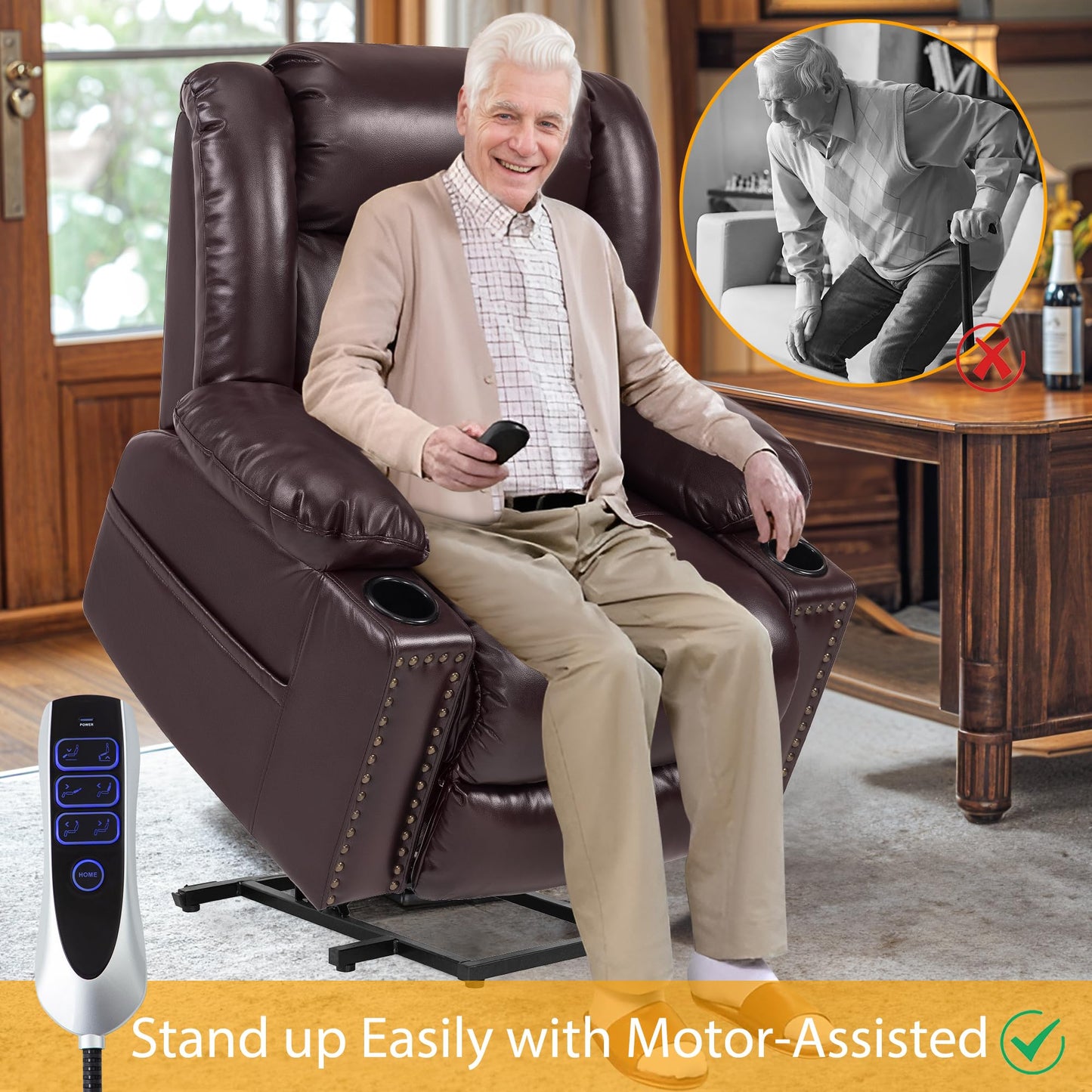 Triple Motor Large Power Lift Recliner Chair for Elderly with Heat and Massage, Lay Flat Lift Chairs for Seniors Infinite Position, Extended Footrest, USB Ports (Triple Motor-7523, Dark Brown)