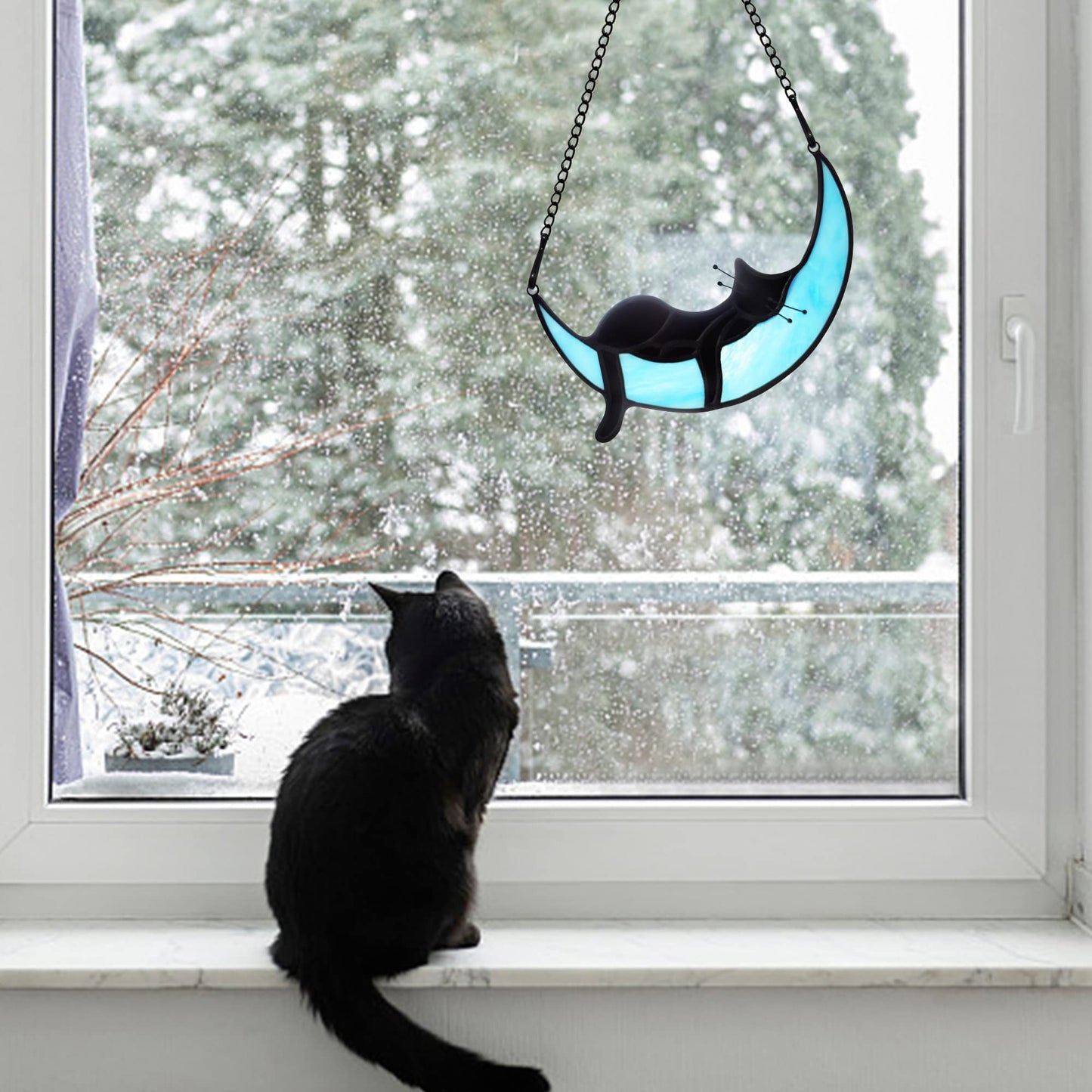 BOXCASA Black Cat on Moon Stained Glass Witchy Gifts for Women - Indoor Suncatchers for Windows Hanging,Christmas for Cat Lovers (with Suction Cups and Chains)