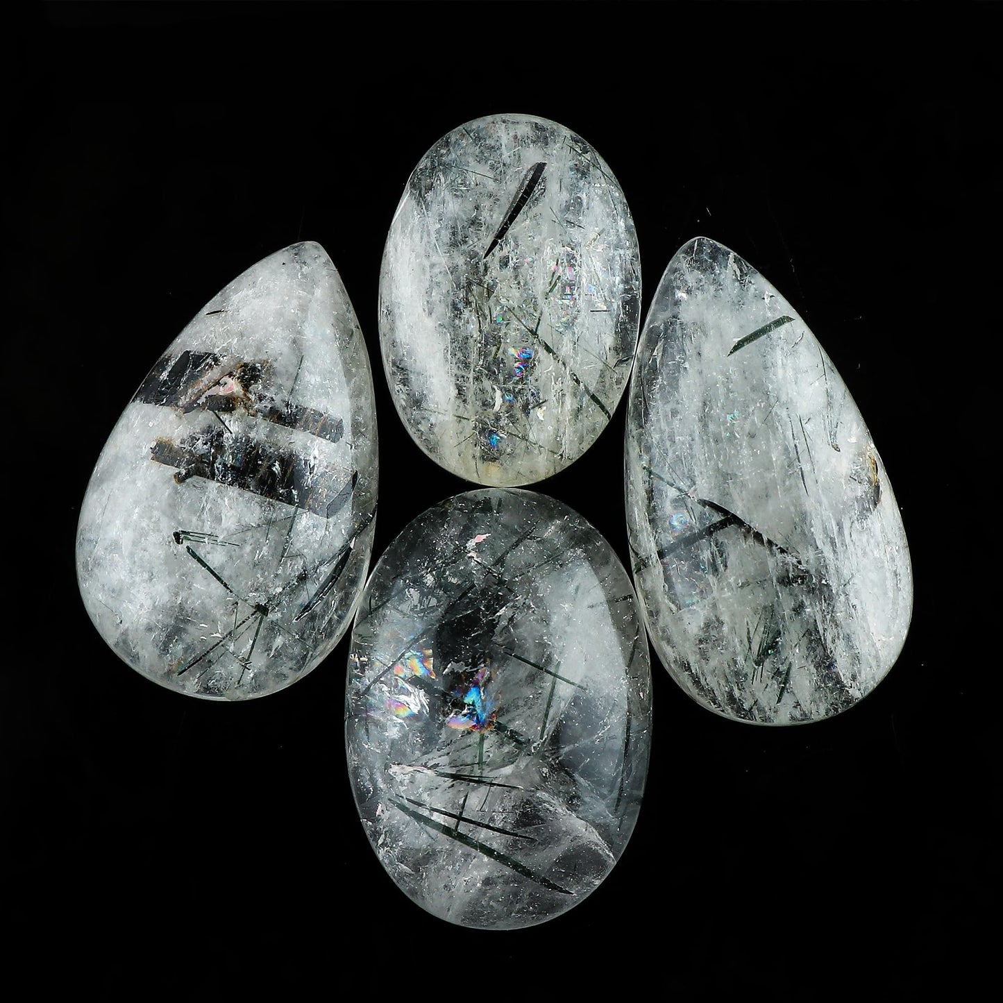 CRYSTALIS Wholesale 4pcs Natural Green Rutile Quartz Loose Gemstone Bulk Cabochons Jewelry Making Supply, Chakra & Healing Polished Stones, Wire Wrapping, DIY, Gem Collection