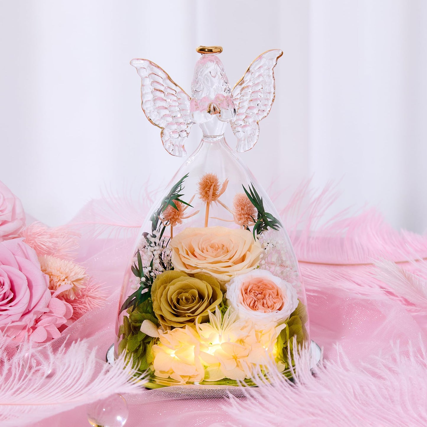 Tiaronics Mothers Day Rose Gifts for Women Preserved Real Flower in Glass Angel Figurines Roses for Delivery Prime Birthday Gifts for Mom Grandma Girlfriend Wife Her, ChampagneGold Austin