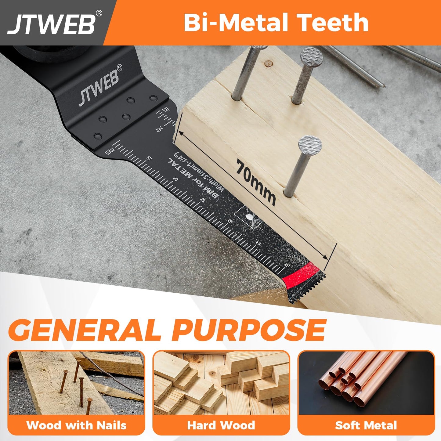 JTWEB Extra Long Oscillating Saw Blades - 30PCS Arc-Shaped Edge Bi-Metal Multitool Blades Precise Cut for Wood with Nails, Metal, Universal Quick Release Power Oscillating Tool Blades Kits