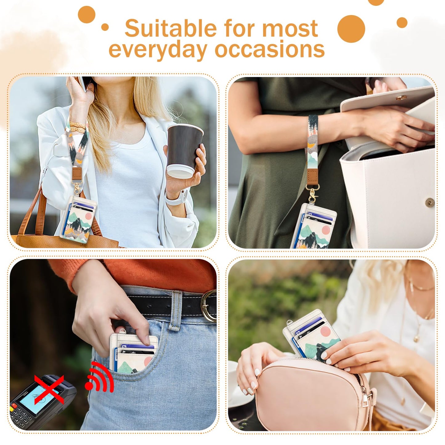 Yonlevres Sunrise Mountain Credit Card Holder Slim Wallet, RFID Wallet Women Front Pocket Wristlet Lanyard, Small Card Holder Travel Funny Cute Thin Card Case ID Window PU Leather Card Organizer Gifts