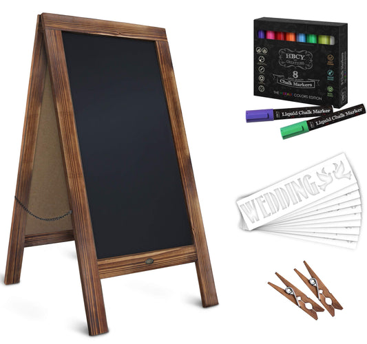 A Frame Chalkboard with Chalk Markers by HBCY Creations: 40x20 Solid Wood A-Frame Sign Gray Double-Sided Magentic Menu Board, Deluxe Set Includes 8 Chalk Markers, 10 Stencils, 2 Magnets