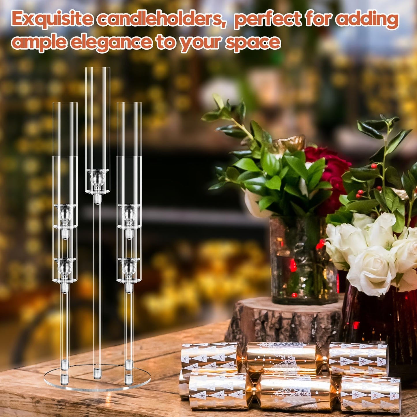 6 Set 5 Arm Acrylic Candelabra Centerpiece, Mjkeomo 27'' Tall Clear Candle Holder for Table, Wedding, Christmas, Fireplace Mantel Decor, Fits 0.82" LED Candles"