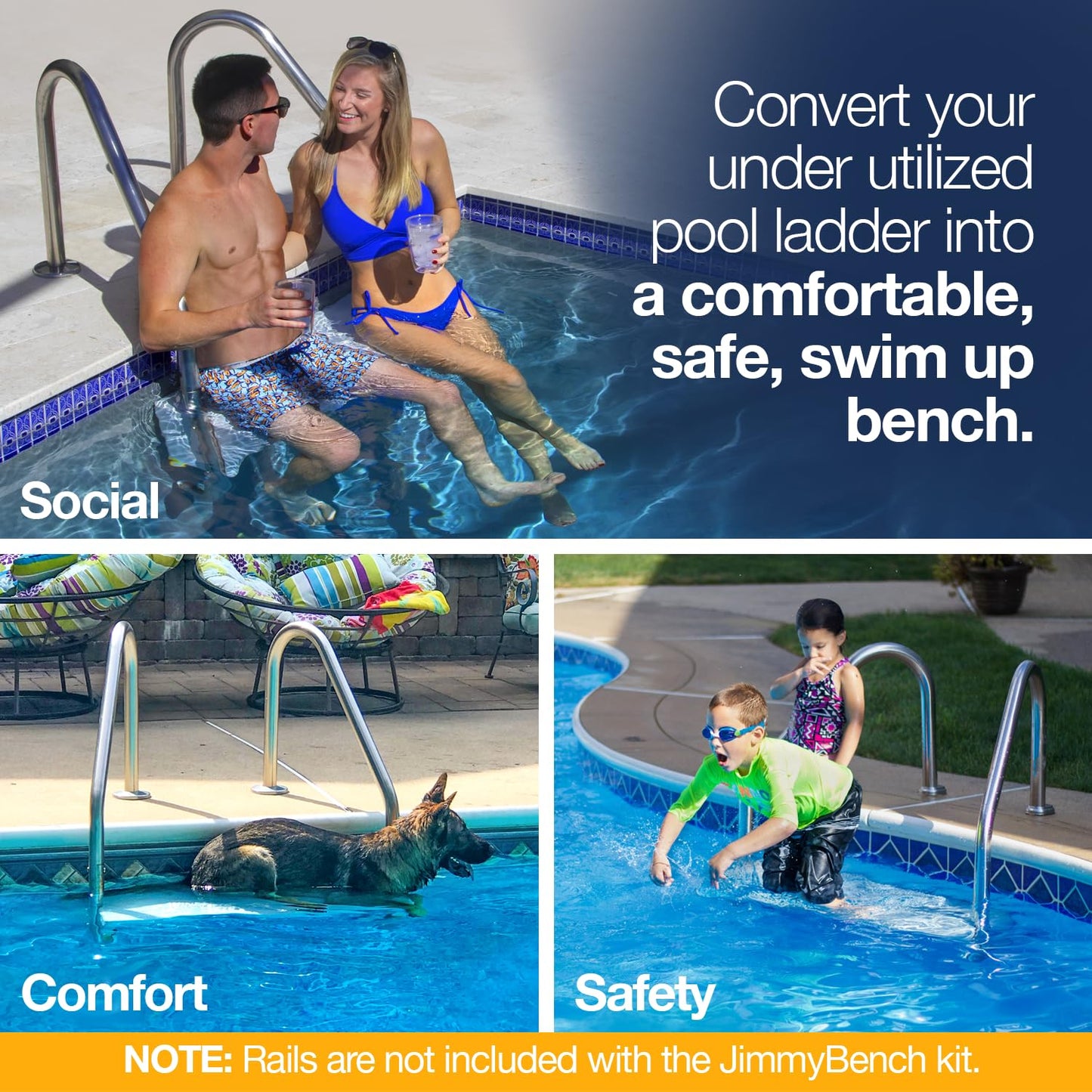 The Jimmy Bench for Inground Pool Ladders (Rails NOT Included/Bench & Hardware Only) - Convert Your Pool Ladder Steps into a Swim-up Bench | Great for Kids, Adults & Pets | Made in USA | White
