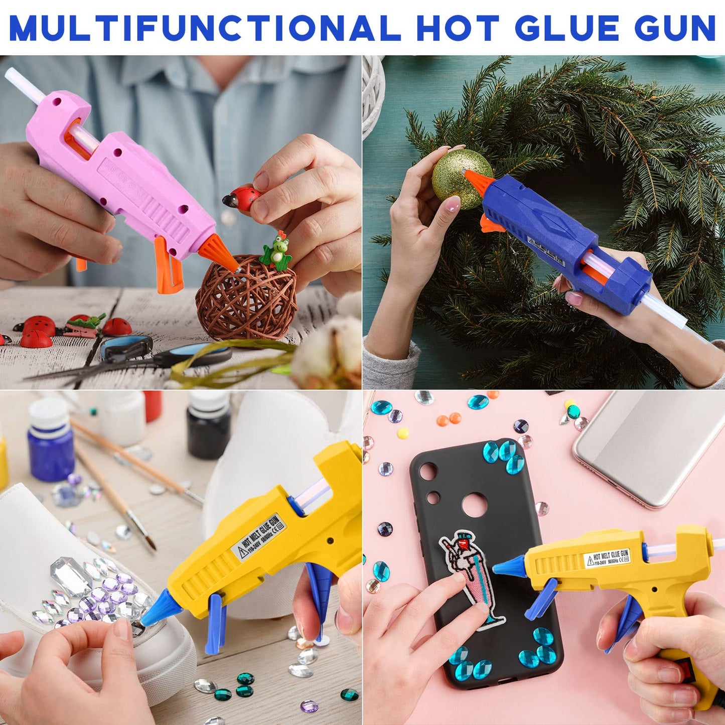 3 Pieces Glue Gun with 15 Glue Sticks, Hot Glue Sticks Mini Hot Glue Gun Kit Fast Preheating Craft Glue Guns for DIY Arts Home School Holiday Decoration, 30W, Blue/Orange/Pink