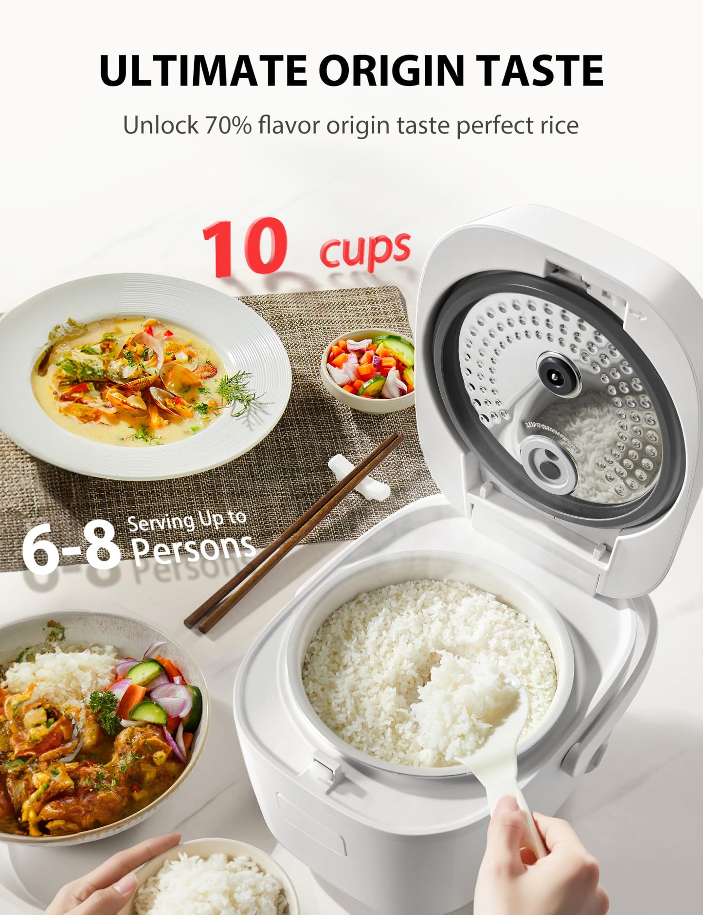 TOSHIBA OriginTaste Rice Cooker 10-Cup Uncooked, Fuzzy Logic, 15-in-1 Functions, Digital Display, Delay Timer, Keep Warm, Nonstick Inner Pot, White