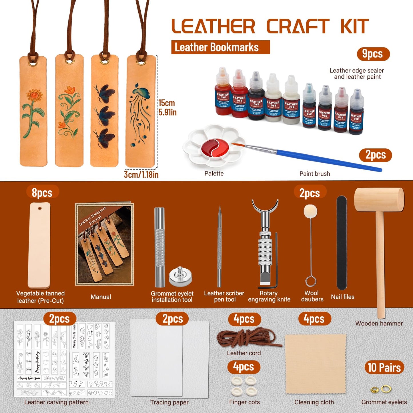 Leather Crafting Kit, Leather Working Kit for Bookmark, Leatherbookmarks Making Kits with Dyeing Carving Working Tools Supplies for Book Mark, Bookmarks for Book Lovers, Adults DIY Crafts Making