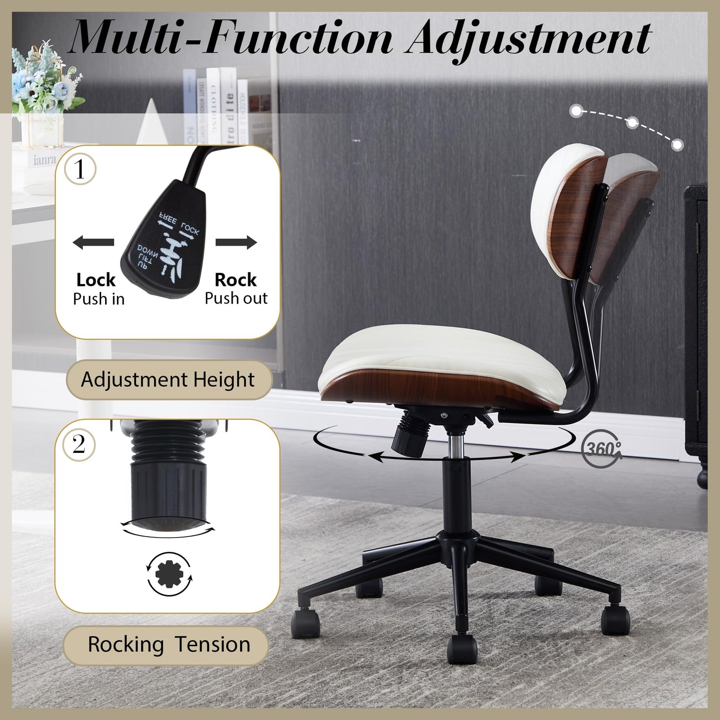 Fashionom Modern Walnut Home Office Chair，Adjustable Height Desk Chair with Wheels，Armless Computer Chair for Office, Reading Meeting Room, White