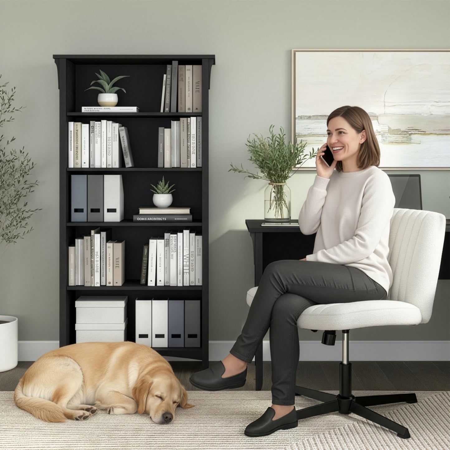 Bush Home Salinas 5 Shelf Bookcase in Vintage Black, Tall Bookshelf, Large Book Shelf for Living Room, Home Office, or Entryway