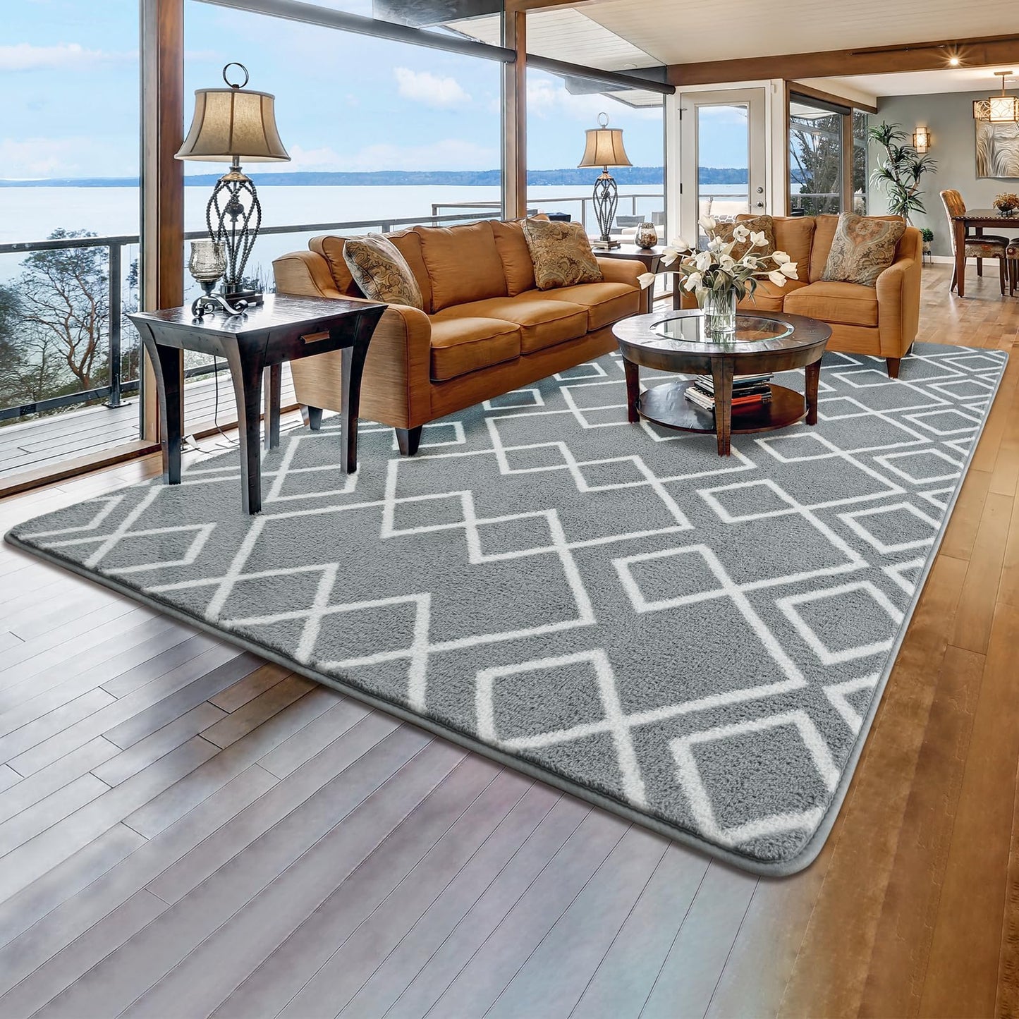 Rtizon Soft Area Rug for Bedroom, 5x7Ft Moroccan Rugs for Living Room, Geometric Non-Slip Carpet with Memory Foam for Boys Girls's Bedside Office Dorm Hallway, Grey and White
