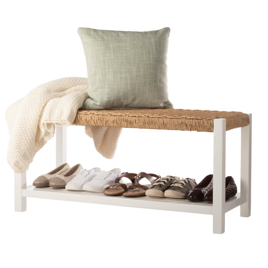Alaterre Furniture Bench with Handcrafted Woven Rope Seat - Newport Collection 40-Inch Wood Bench with Storage Shelf for Entryway or Hallway - Indoor Furniture (White)
