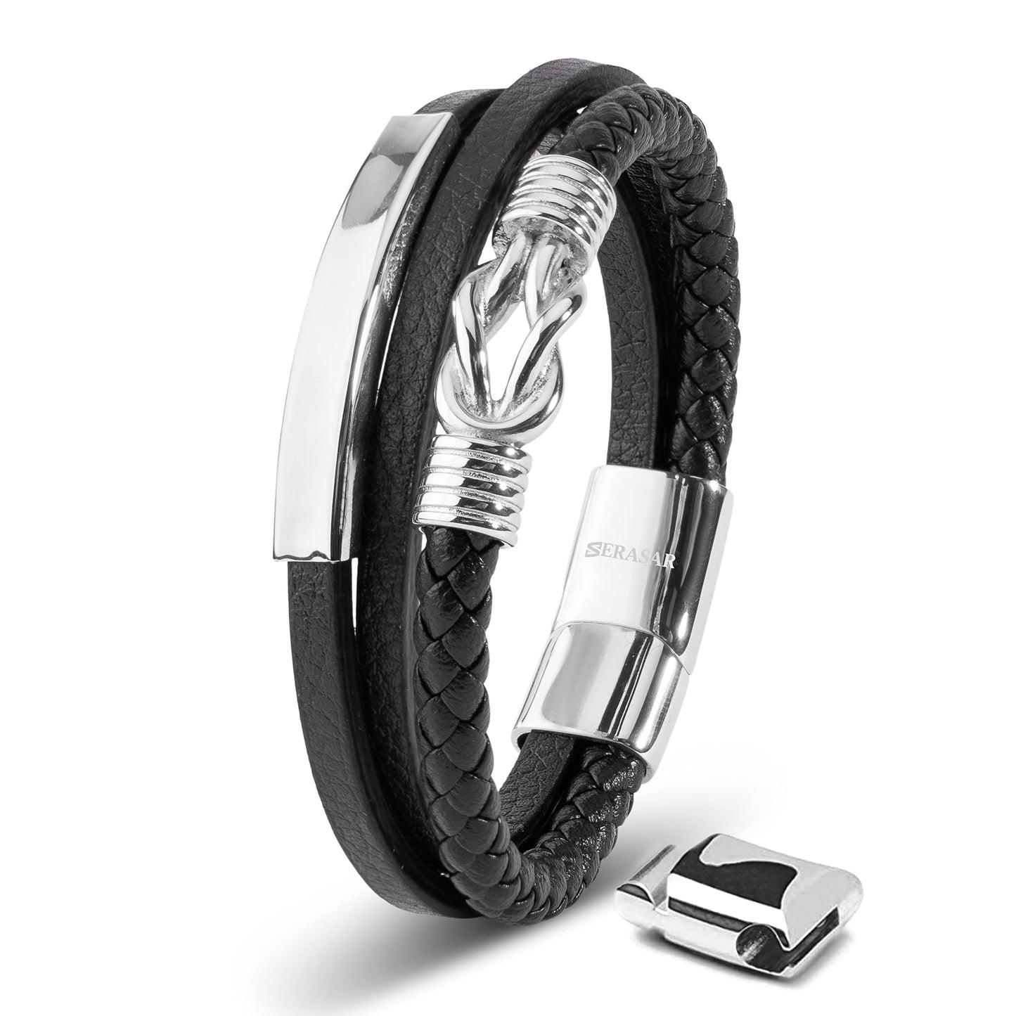 SERASAR Mens Leather Bracelet 17cm Silver Presents Men Gift Box Cowhide Braided Magnetic Clasp Multi Layer Wrap Rope Mans Male Bracelets Band Jewelry Magnet Accessories