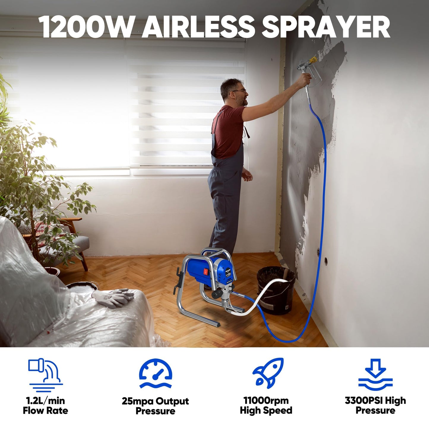 POXURIO 1200W Airless Paint Sprayer, 3300PSI High Efficiency Electric Paint Sprayer with Extension Rod, Thinning-Free Stand Airless Sprayer for Home Exterior and Interior, Garage, Deck, Furniture
