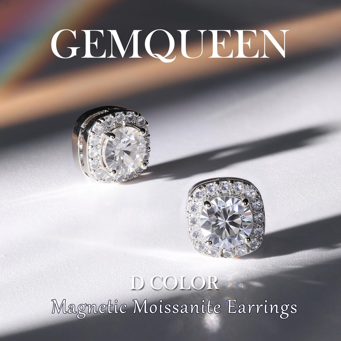 GEMQUEEN Moissanite Magnetic Earrings for Men : 18K White Gold Plated Hypoallergenic Stainless Steel Non Piercing Clip on Fake Earrings Studs Halo Square Diamonique Earring Women D Color VVS1 5MM