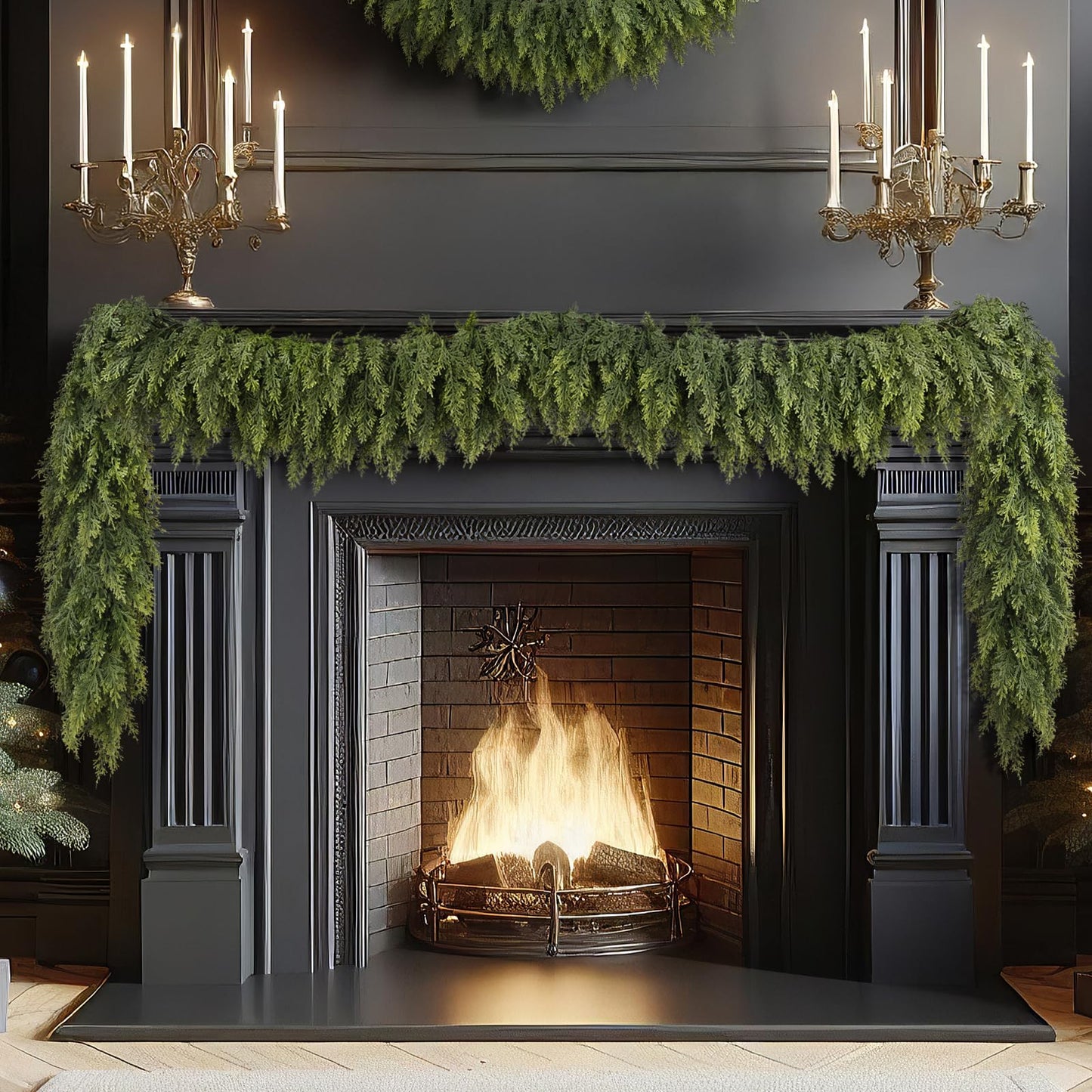 N&T NIETING 9ft Christmas Cedar Garland with Realistic Soft Thickness Pine, Artificial Green Faux Cedar Pine Garland for Fireplace Mantle Fireplace Indoor Outdoor Holiday Party Home Decoration