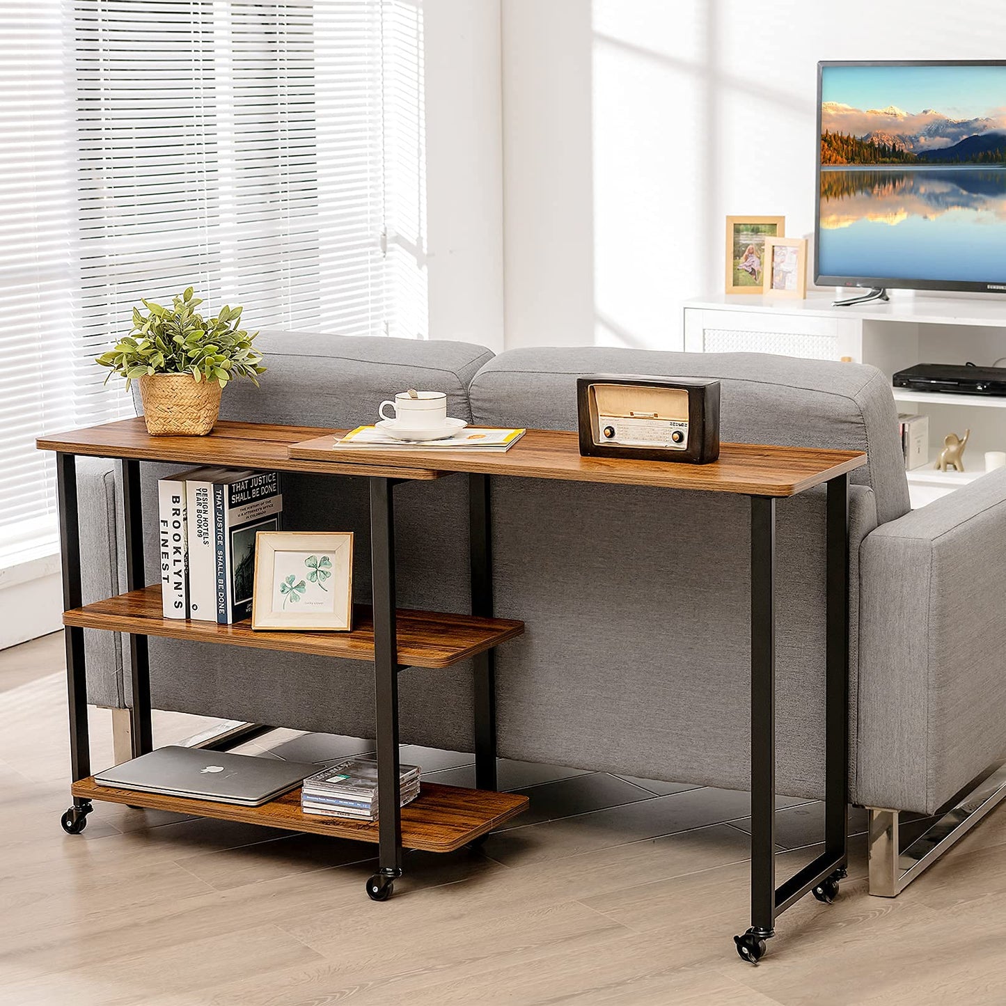 Tangkula 360° Free Rotating Sofa Side Table, Patented Mobile Couch Desk with 2-Tier Storage Shelves, Movable Laptop Desk with Sturdy Metal Frame, Couch Table Snack Table for Home Office (Brown)