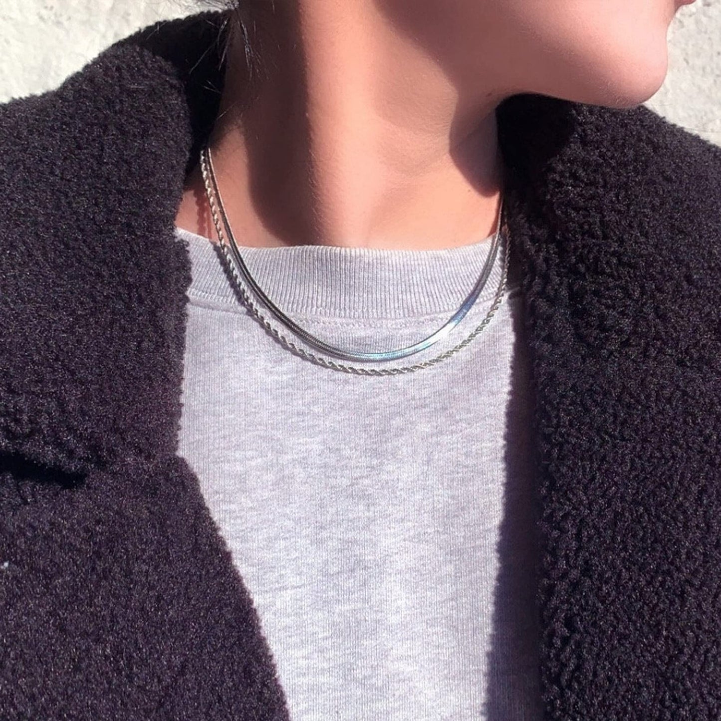 Freekiss Silver Herringbone Necklace for Women, Layered 925 Sterling Silver Necklace for Women Simple Dainty Cuban Rope Snake Link Chain Necklace Set Chunky Choker Silver Womens Jewelry Gifts