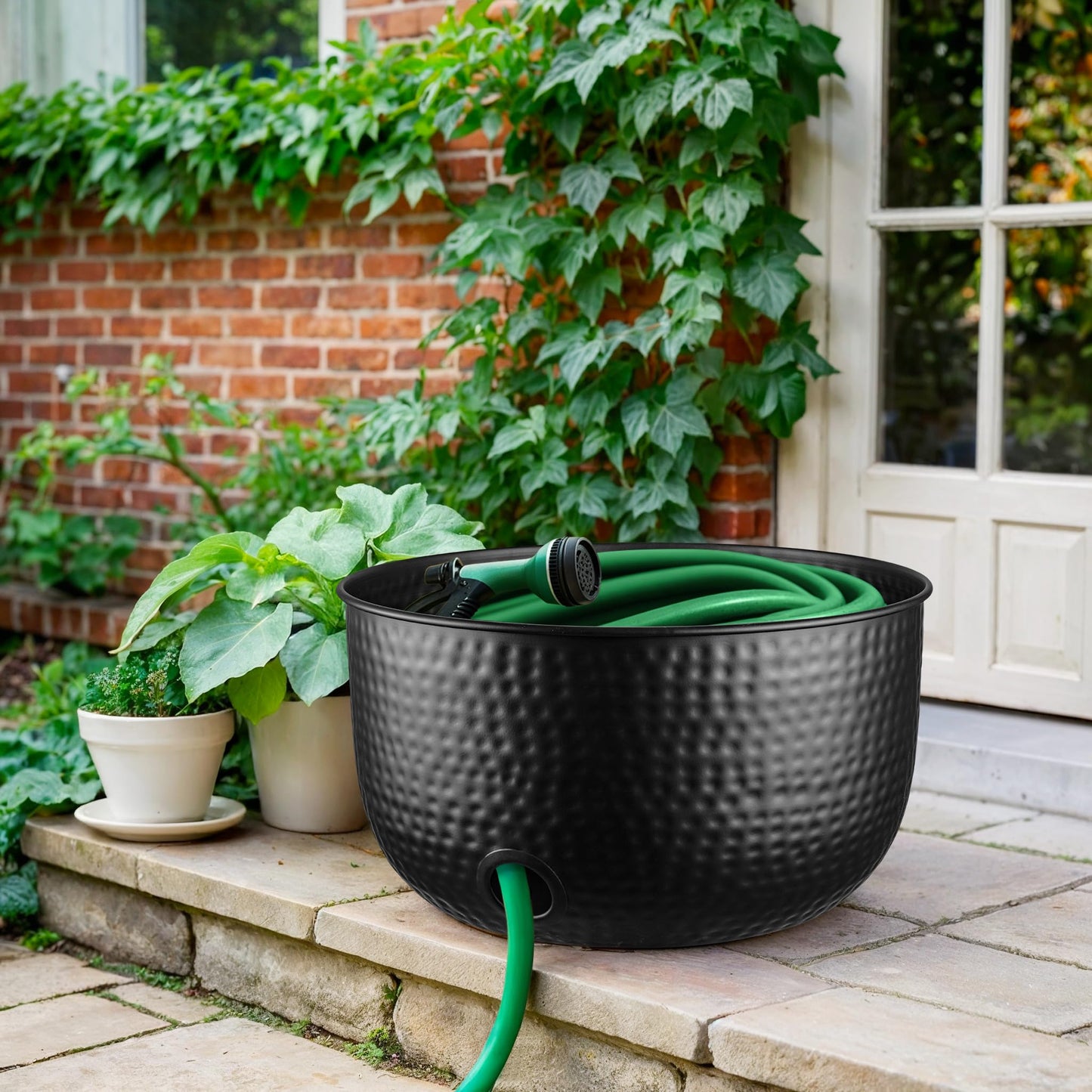 Monarch Abode Garden Hose Holder with Lid – Decorative Water Hose Holders for Outside, Hand Hammered Metal Matte Black Pot with Drainage, 100ft Waterhose Holder for Outside, Garden Storage Caddy
