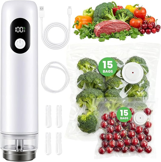 Portable Handheld Vacuum Sealer, Cordless Food Vacuum Sealer Machine for Home & Travel, 1500mAh 60kPa Rechargeable Vacuum Sealer for Food with 30 Bags, for RV, Camping, and Meal Prep