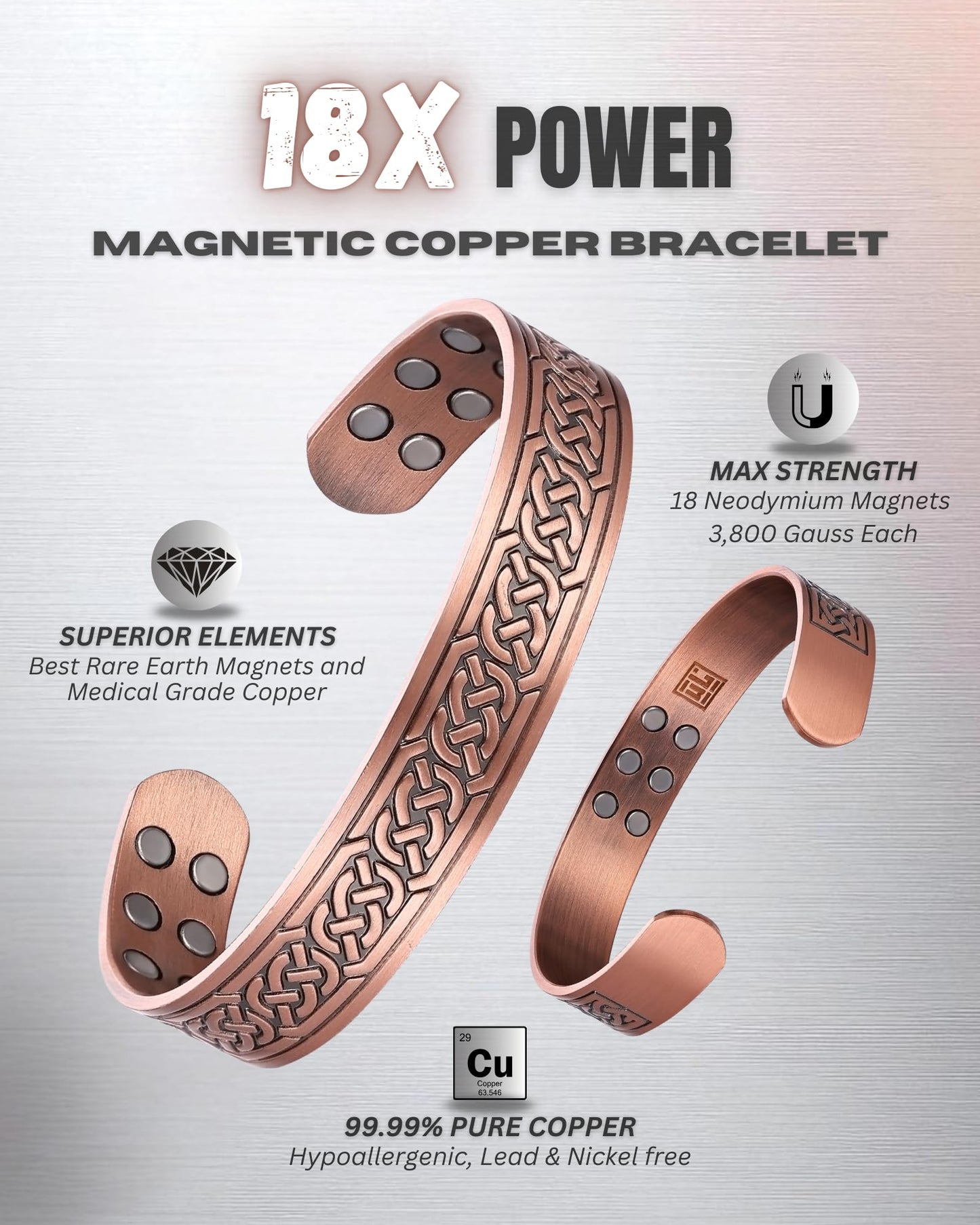 WestLuna Copper Bracelet for Men, 18X Ultra Strength Magnetic Bracelets with 3,800 Gauss Magnets, 99.99% Pure Copper Health Jewelry Gift, Includes Gift Box, Jewelry Cloth, Blank Blessing Card (Celtic Knot)