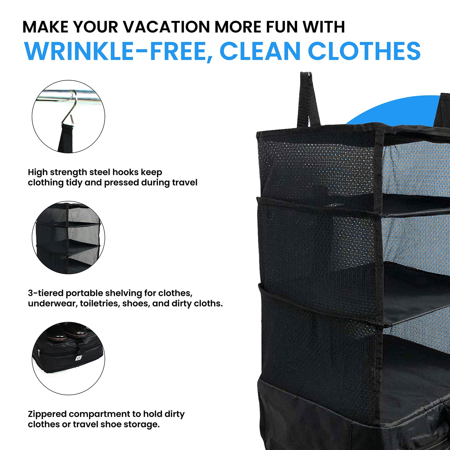Grand Fusion Stow-N-Go Packing Organizer for Luggage, Portable Hanging Travel Shelves, Carry-On Closet, Hanging Packing Cubes, Collapsible Carry-On Organizer for Cruises & Hotels. Black - L
