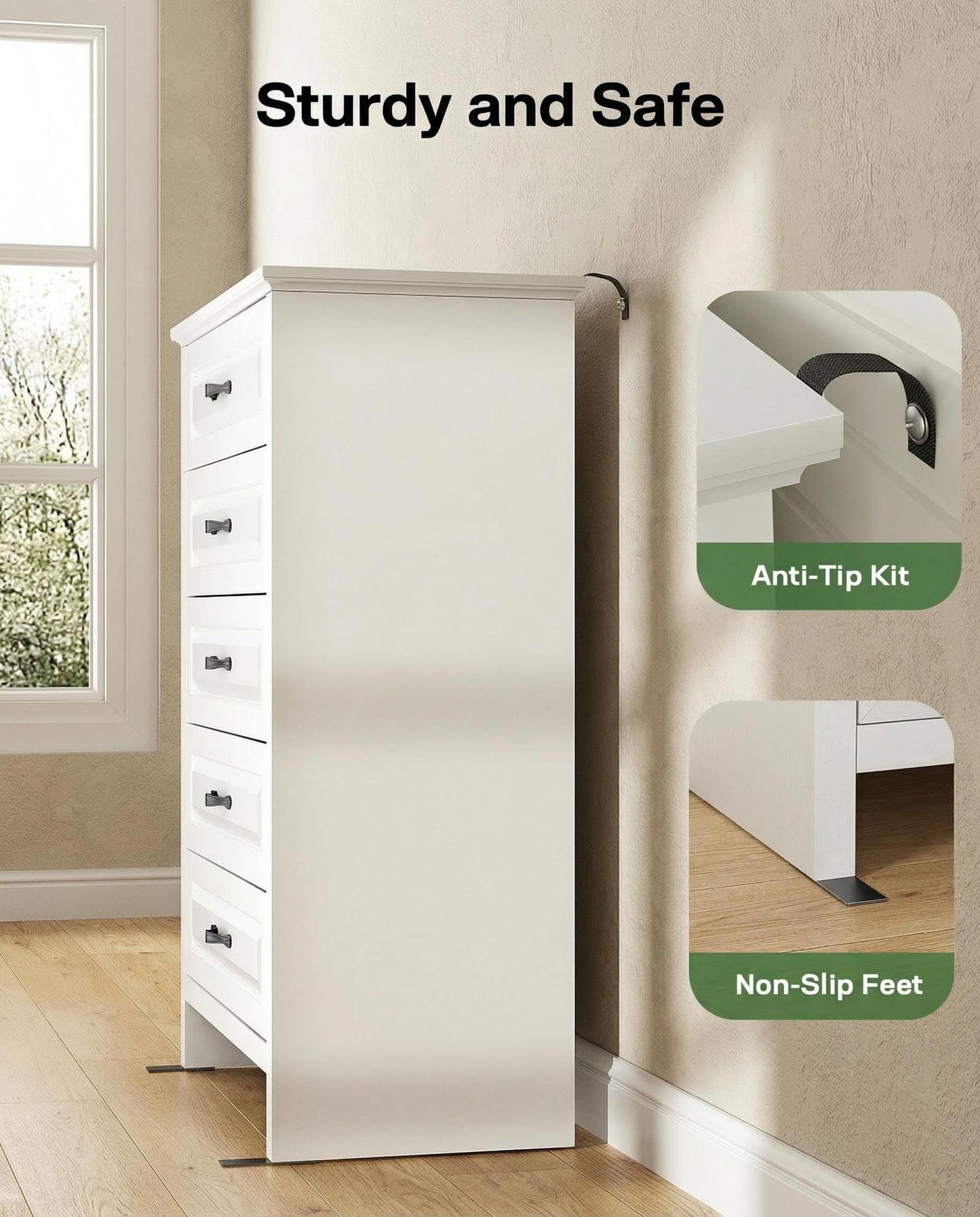 Marsail Farmhouse 5 Drawer Dresser, Wood Chest of Drawers with Natural Texture, Smooth Gliding Drawers, Versatile Storage Organizer Cabinet for Bedroom & Living Room, White