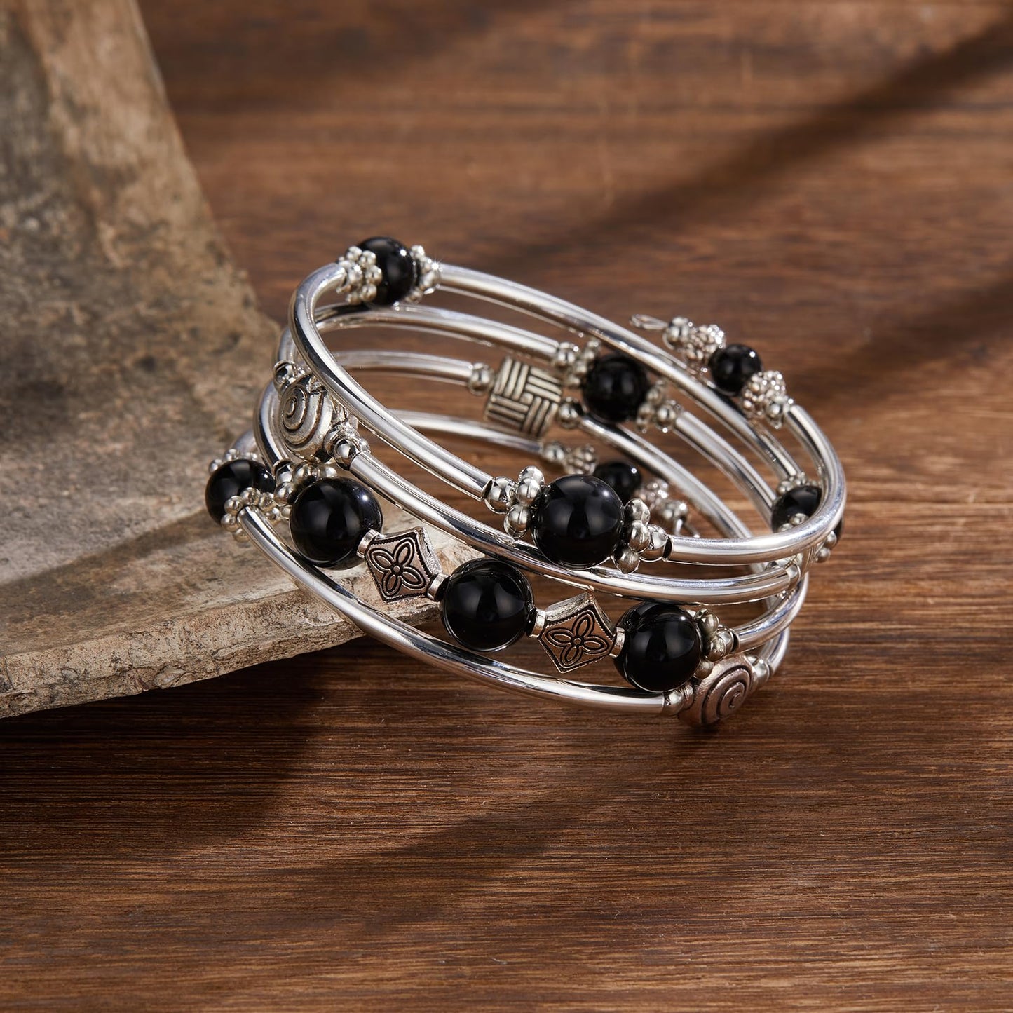 Beaded Pearl Bangle Wrap Bracelet - Fashion Bohemian Jewelry Multilayer Charm Bracelet with Thick Silver Metal Beads, Gift For Women(Black)
