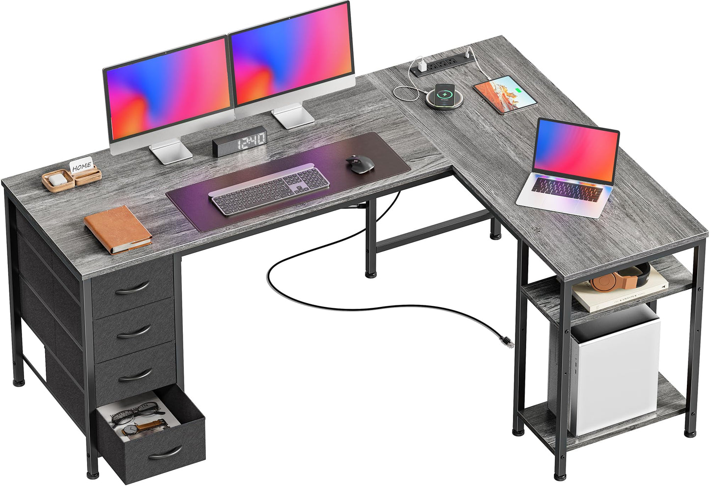 Huuger 55 Inch L Shaped Desk with Fabric Drawers, Reversible Computer Gaming Desk with Power Outlets and USB-C Port, Adjustable Side Storage Shelves, for Work Study Corner Home Office, Grey