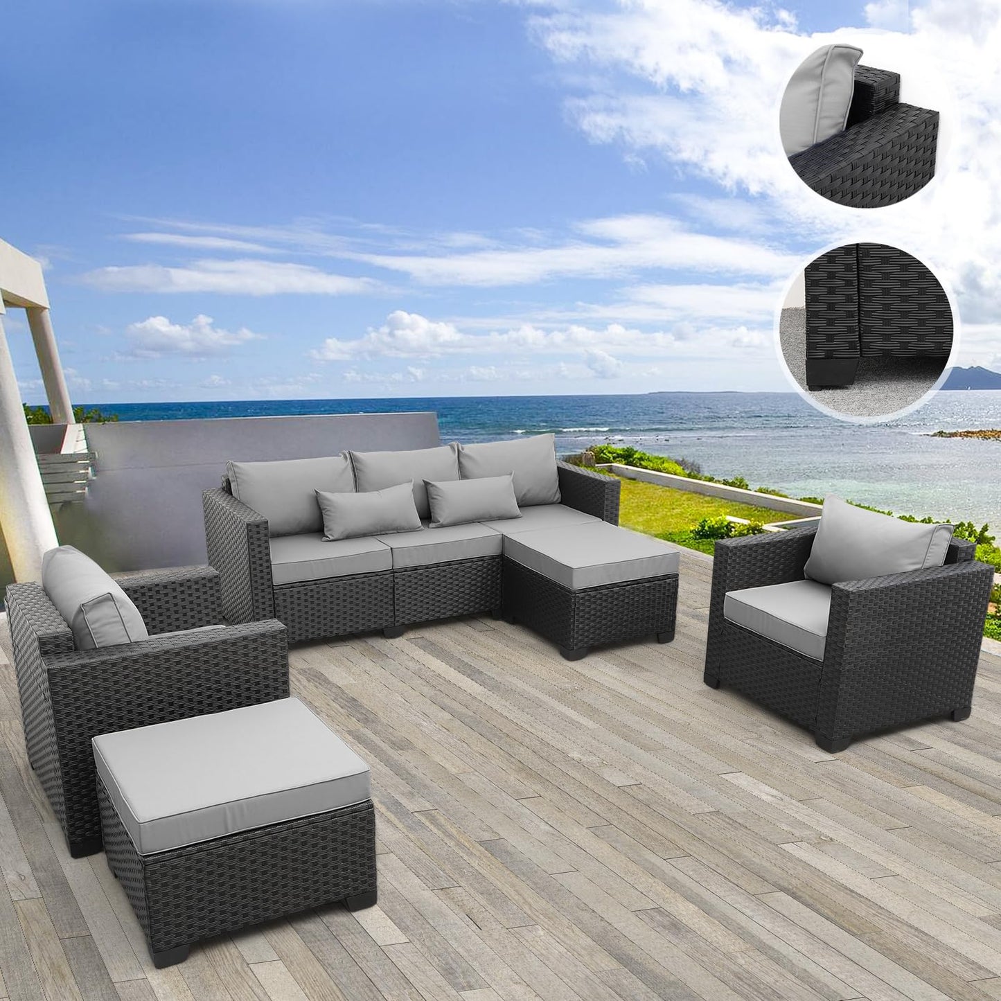 Rattaner Outdoor Wicker Furniture Couch Set 5 Pieces Patio Furniture Sectional Sofa with Grey No-Slip Cushions and Waterproof Covers