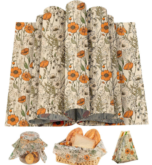 120 Sheets Orange Wildflower Garden Floral Wax Paper for Food Deli, 13.4 * 9.4‘’ Retro Floral Greaseproof Deli Paper for Sandwich Picnic Basket Liner Birthday Party Supplies