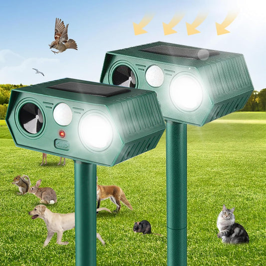 2025 Solar Animal Repellent,Upgraded Ultrasonic Cat Repellent Outdoor,Waterproof Deer Deterrent for Bird Dog Skunk,Squirrels Deterrent with Motion Detection Flash Lights for Outdoor and Yard (2 Pack)