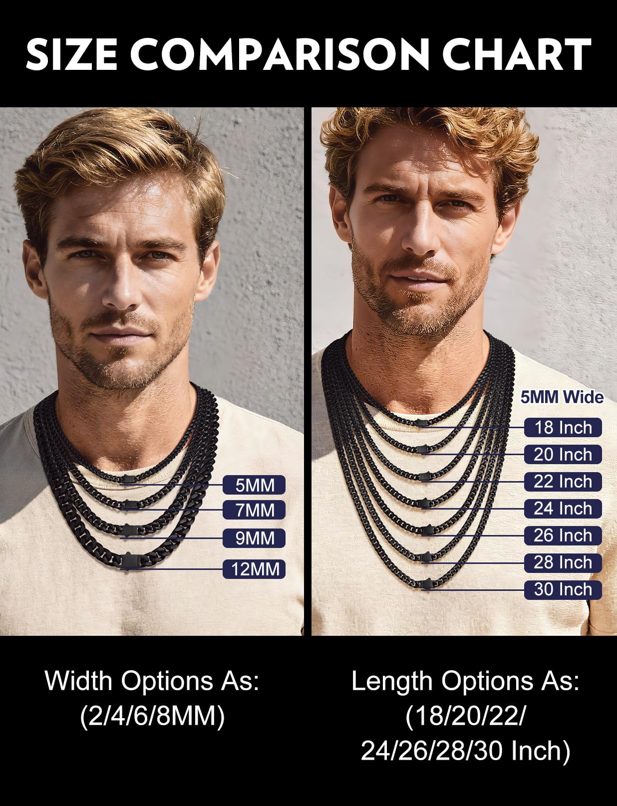 Bandmax Men Chain Necklaces 24 Inch Black Diamond Cut Miami Cuban Link Chain 5MM Wide Cubanas Cadenas Hombres Mens Stainless Steel Jewelry Gift for Men