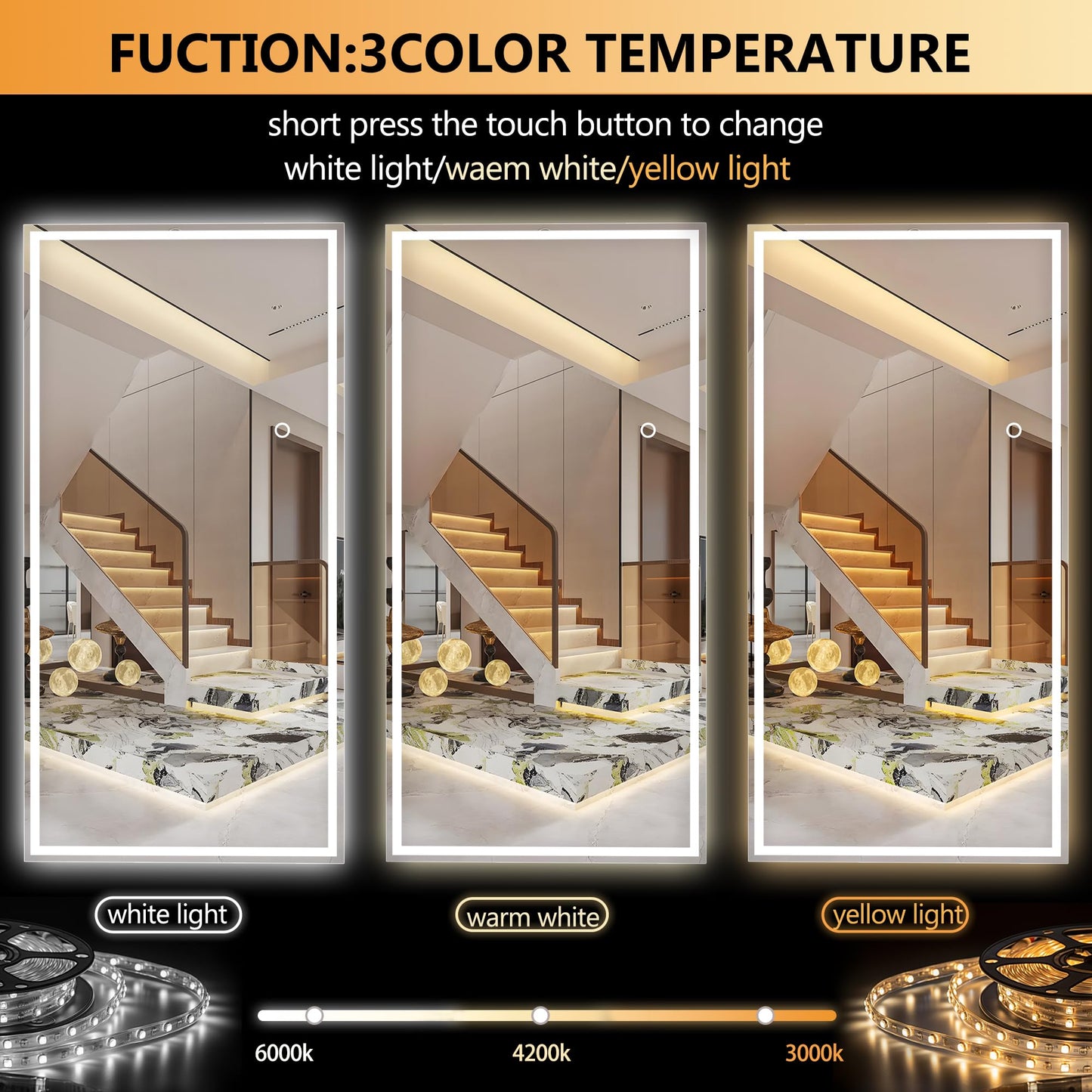 Hasipu Full Length Mirror with Lights, 79" x 36" LED Lighted Floor Standing Mirror, Full Body Dressing Hanging Mounted Mirrors, Dimmable, Tempered Glass, Safe to Use, Square White