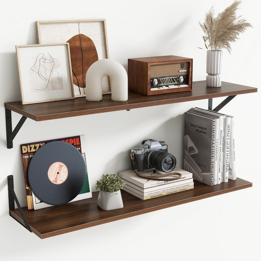 Acovy Deep Floating Shelves for Wall,36Wx8D Wall Mounted Shelves Set of 2,Wall Storage Floating Shelf with Sturdy Metal Brackets for Living Room,Bathroom,Kitchen,Office,Walnut