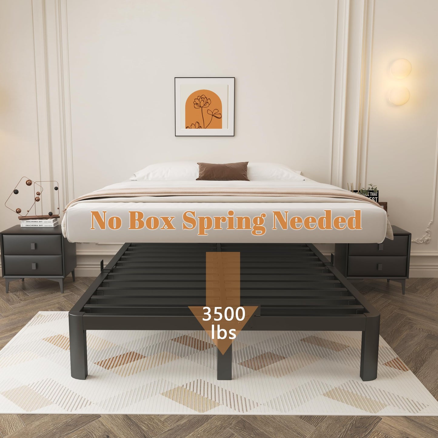 KOSOSO 10 Inch Queen Bed Frame, Black Bed Frame Queen Size with Metal Baffles, No Box Spring Needed, Heavy Duty Steel Platform Support, Rounded Corner Design, Reserved Holes, Storage Space, Noise Free