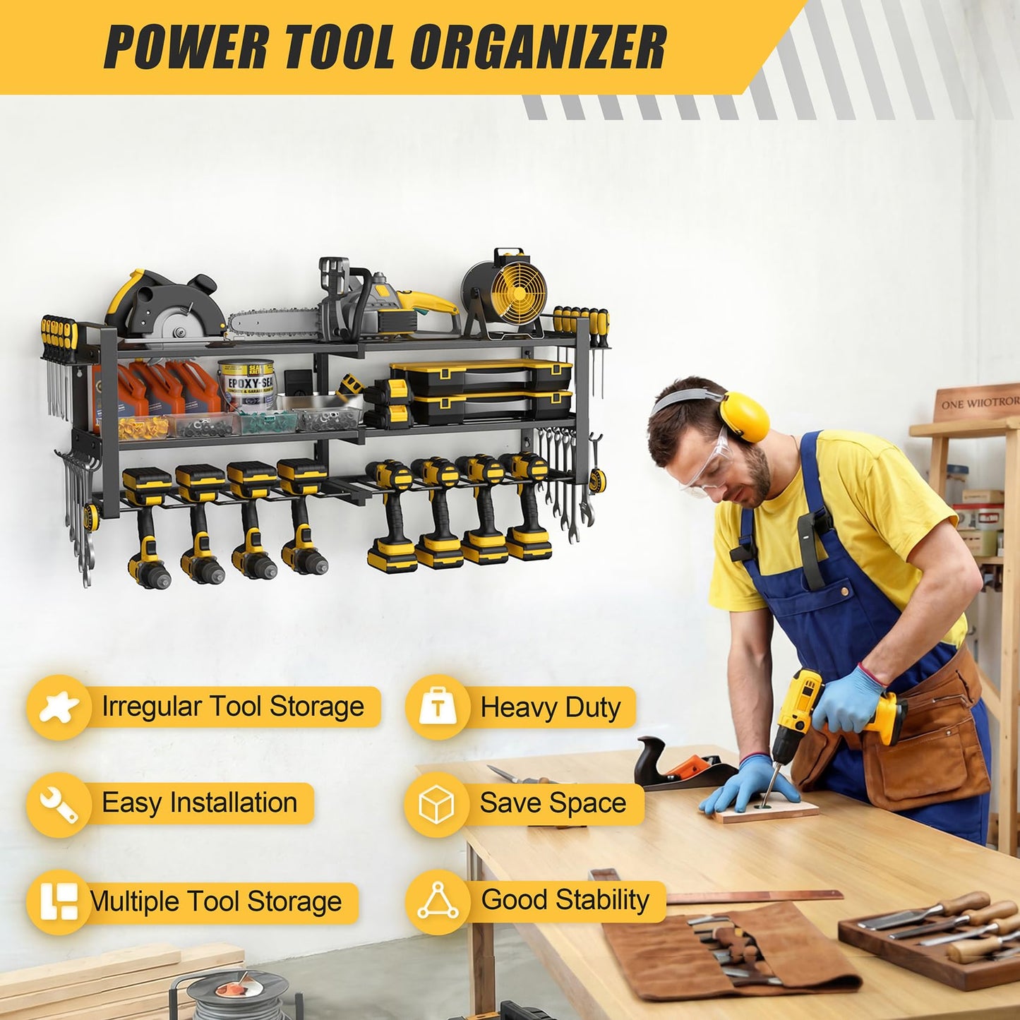 Jusgym Power Tool Organizer Wall Mount |350lbs Garage Tool Storage Rack with 6 Cordless Drill Holder |3-Tier 32''W Heavy Duty Garage Organization |Fathers Day Dad Gifts for Men
